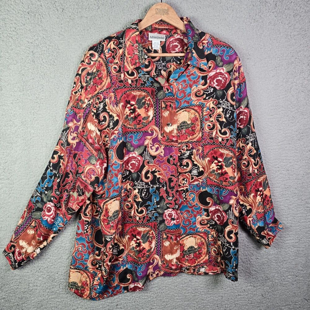Adrian Jordan Womens Button Up Blouse 26-28 Multicolor Silk Colorful Workwear